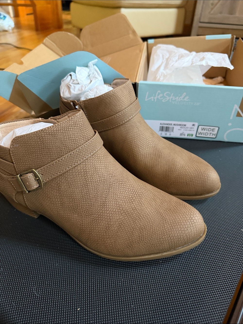 Life Stride Taupe/Tan Textured Ankle Bootie with Buckle Detail